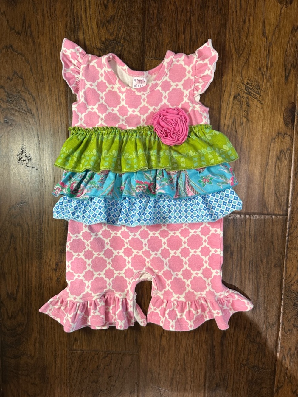 Giggle Moon Pink Ruffled Romper withTiered Ruffles